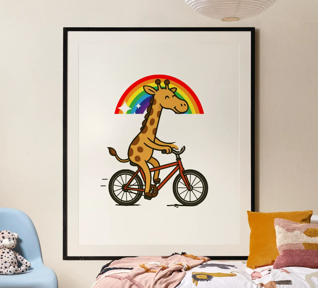 cheerful giraffe rides a bicycle poster con telaio in legno da edsonramosart