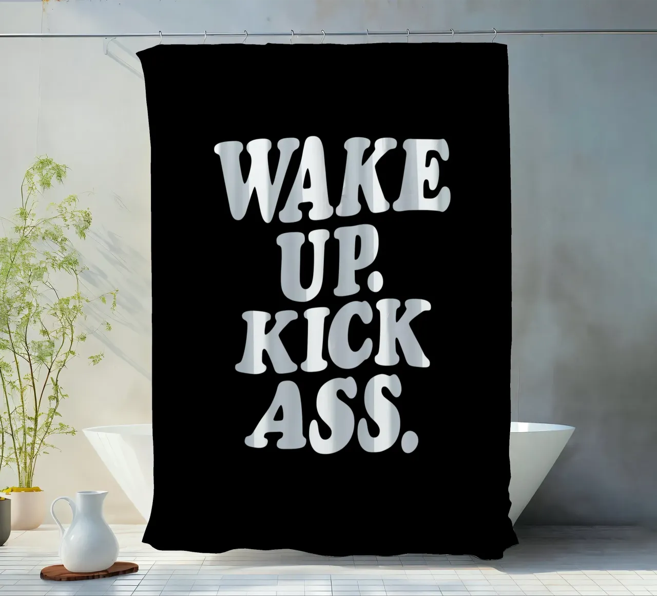 Wake Up Kick Ass Monochrome Motivational Typography Design tenda da doccia da THE MOTIVATED TYPE