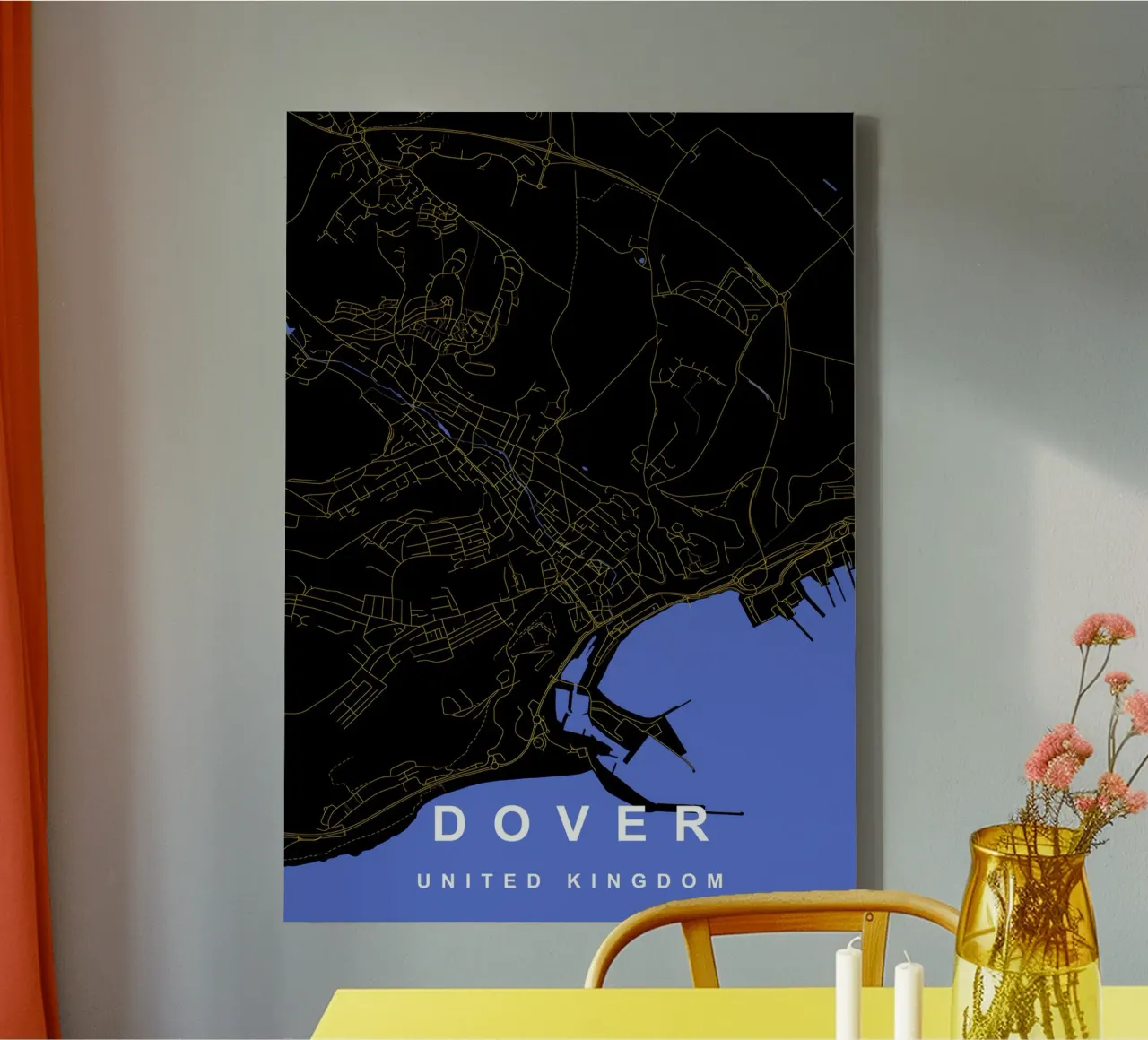 Mappa della città di Dover Regno Unito nero e oro tela con Cornice a cassetta da Cartographers Library