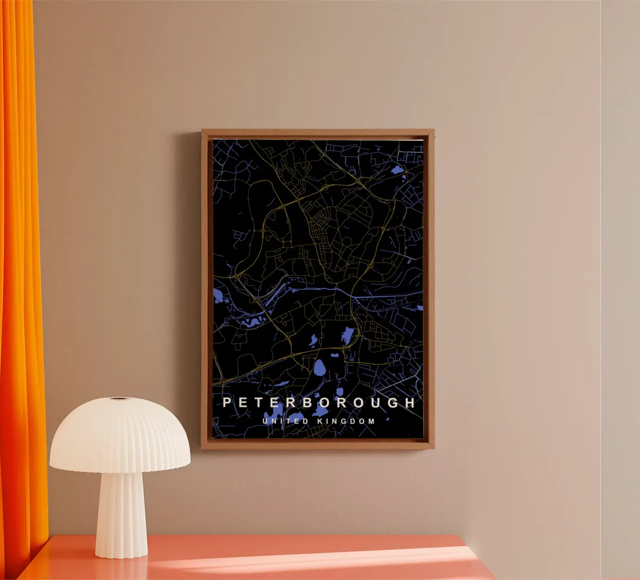 Peterborough UK stadsplattegrond zwart en goud canvas met Baklijst van Cartographers Library