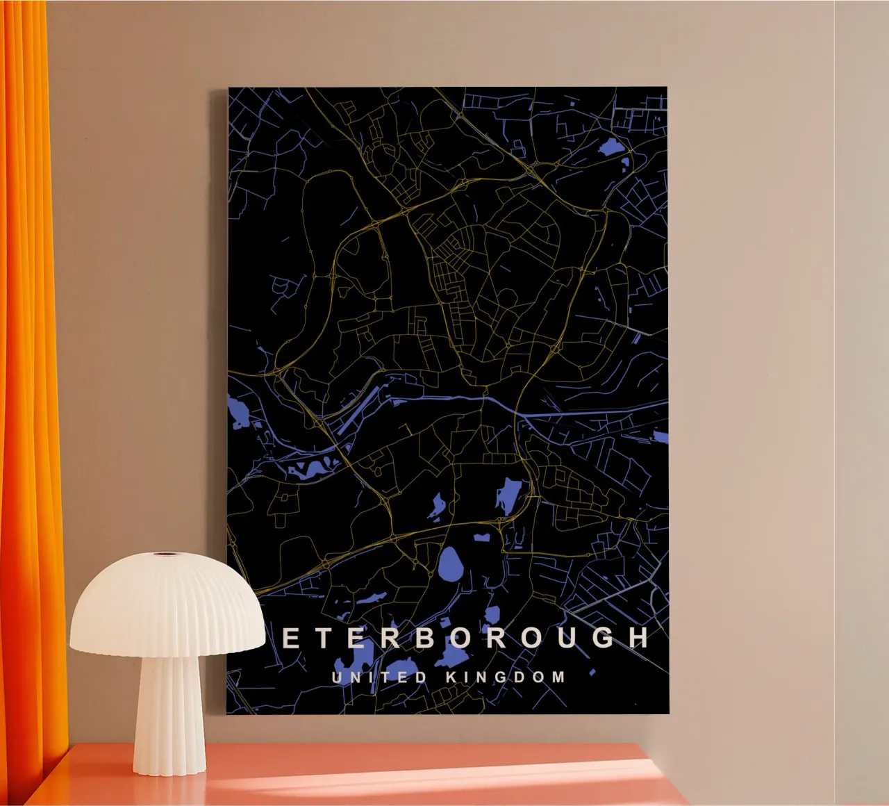 Peterborough UK stadsplattegrond zwart en goud canvas met Baklijst van Cartographers Library