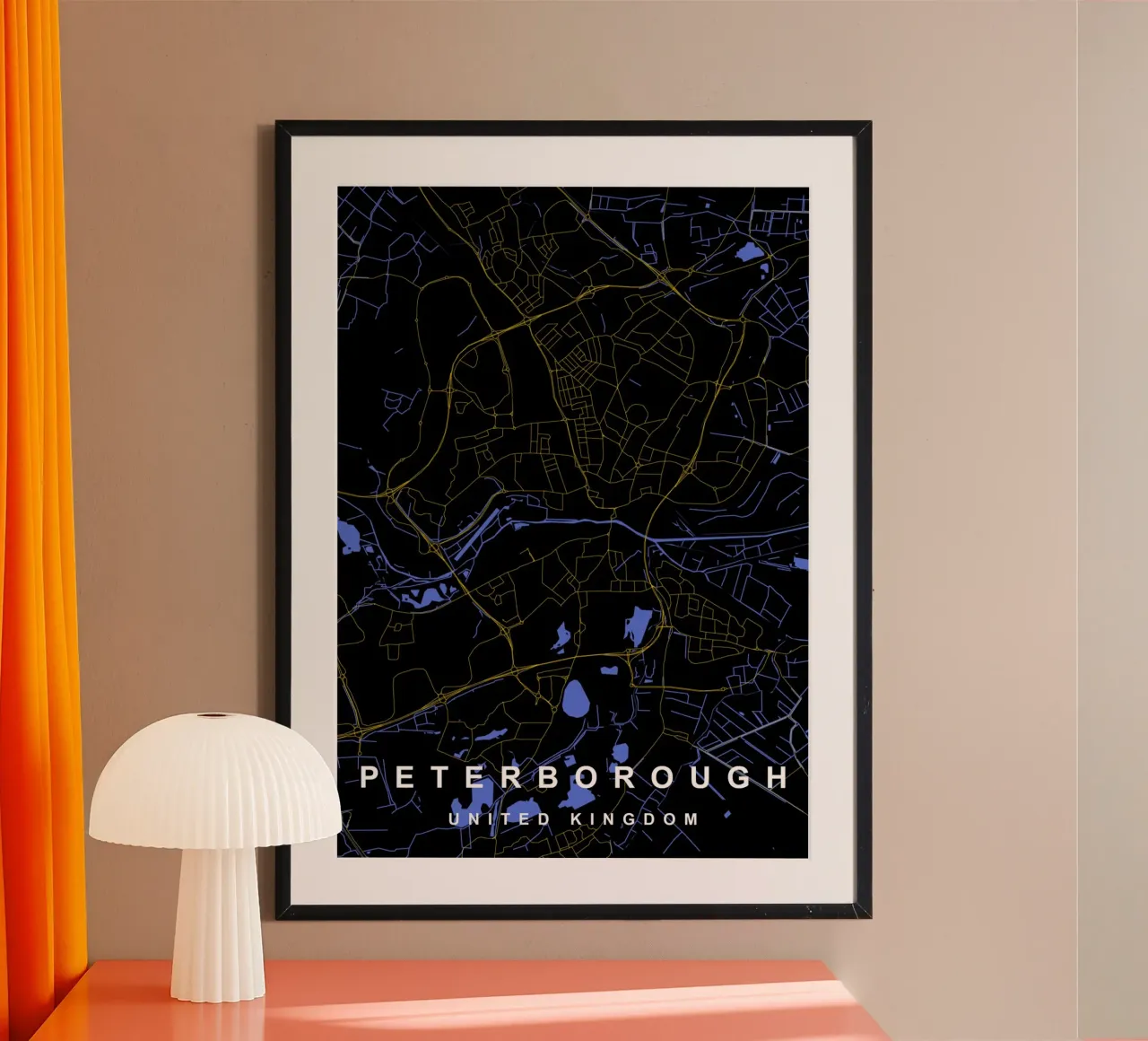 Peterborough - Mappa della città del Regno Unito - Nero e oro carta hahnemühle da Cartographers Library