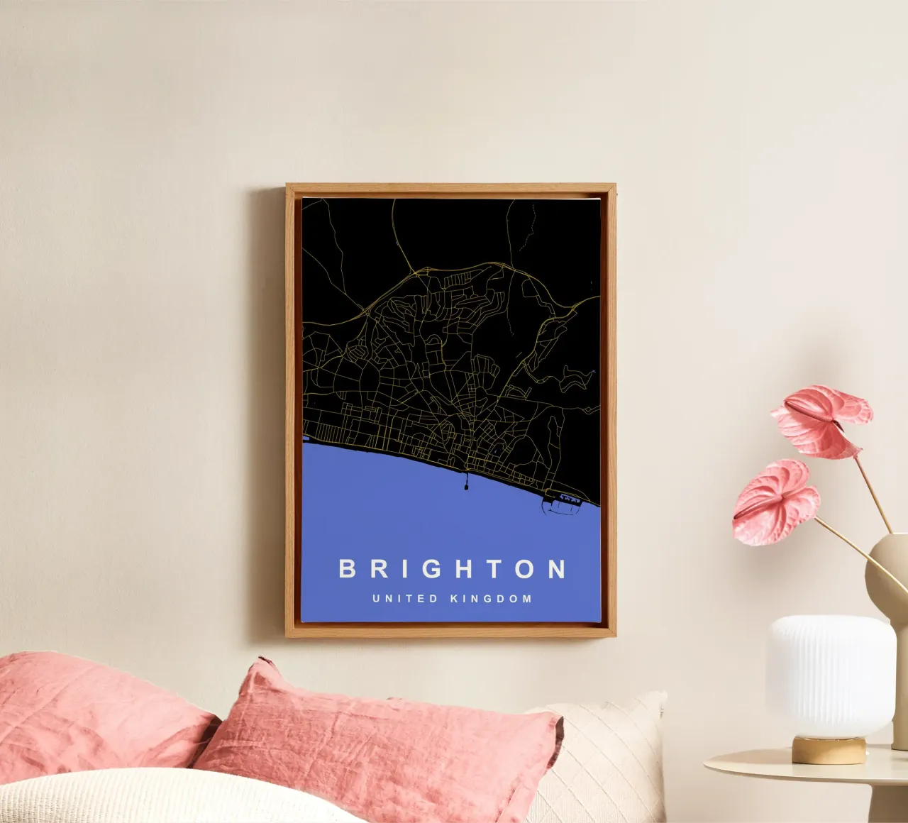 Mappa della città di Brighton Regno Unito nero e oro tela con Cornice a cassetta da Cartographers Library