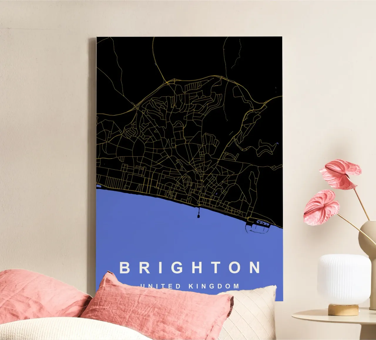 Mappa della città di Brighton Regno Unito nero e oro tela con Cornice a cassetta da Cartographers Library