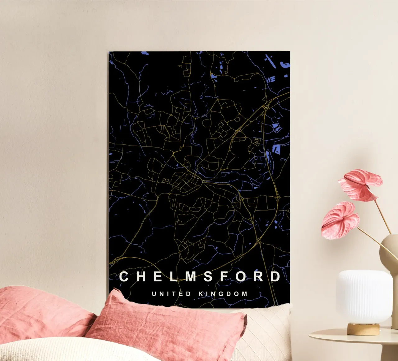 Mappa della città di Chelmsford Regno Unito nero e oro alluminio dibond da Cartographers Library