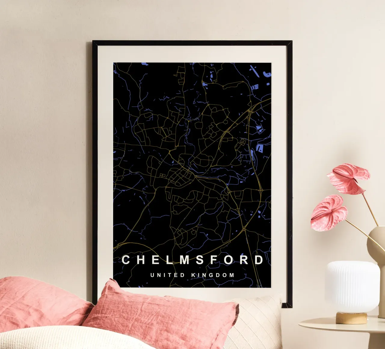 Mappa della città di Chelmsford Regno Unito nero e oro poster da Cartographers Library