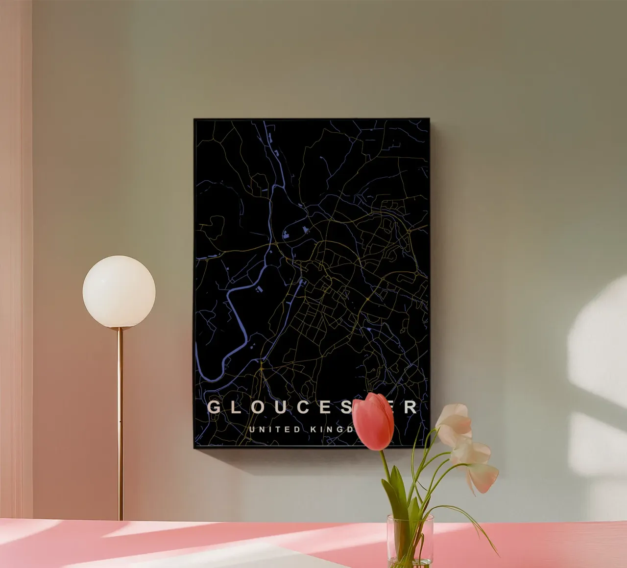 Mappa della città di Gloucester Regno Unito nero e oro plexiglass da Cartographers Library