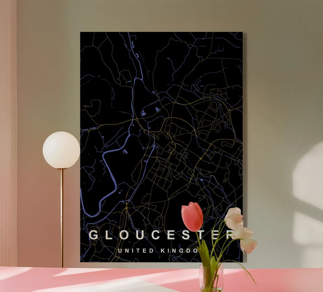Mappa della città di Gloucester Regno Unito nero e oro plexiglass da Cartographers Library