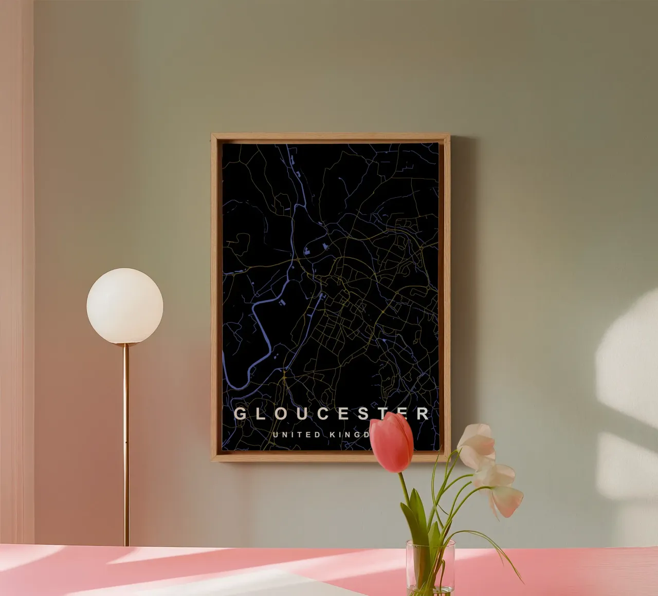 Gloucester UK stadsplattegrond zwart en goud canvas met Baklijst van Cartographers Library