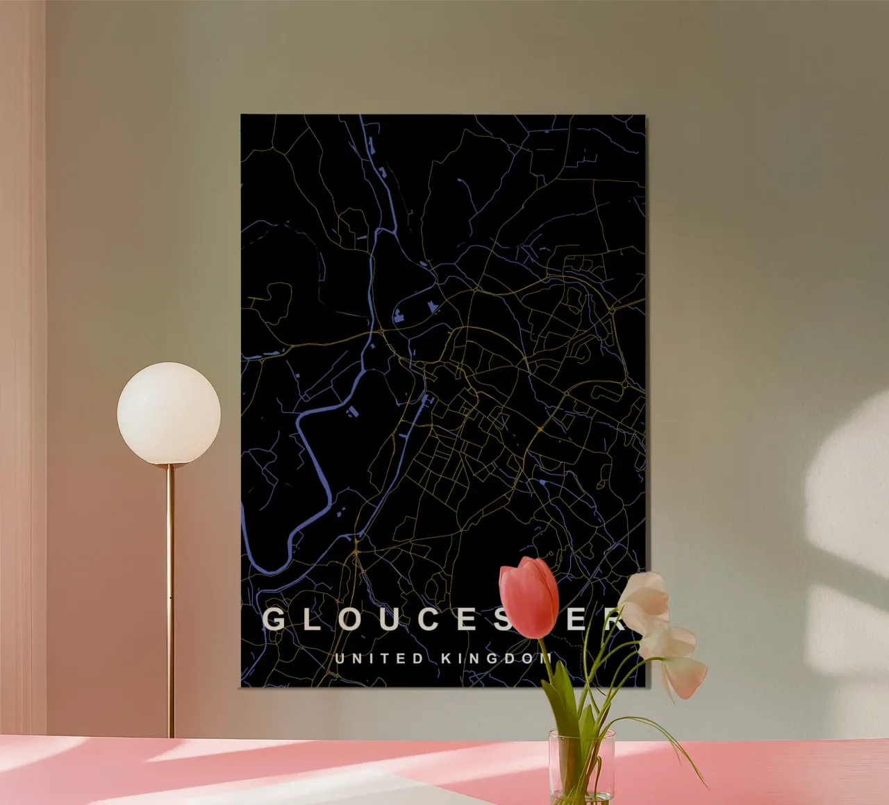 Mappa della città di Gloucester Regno Unito nero e oro carta hahnemühle da Cartographers Library