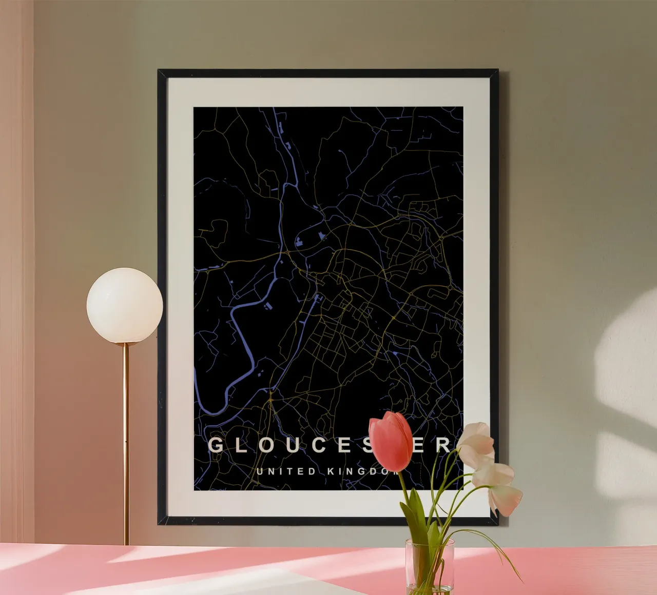 Mappa della città di Gloucester Regno Unito nero e oro carta hahnemühle da Cartographers Library
