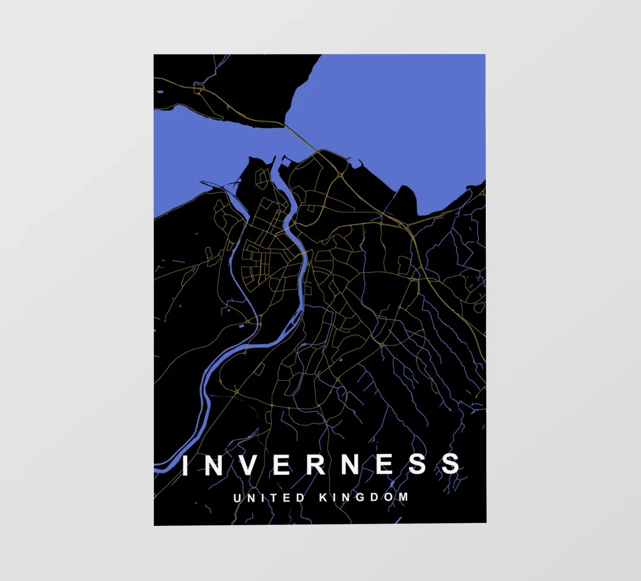 Mappa della città di Inverness Regno Unito nero e oro pellicola backlit da Cartographers Library