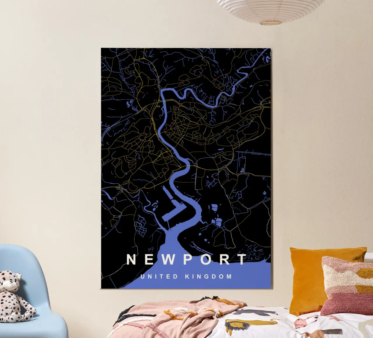 Mappa della città di Newport Regno Unito nero e oro alluminio dibond da Cartographers Library