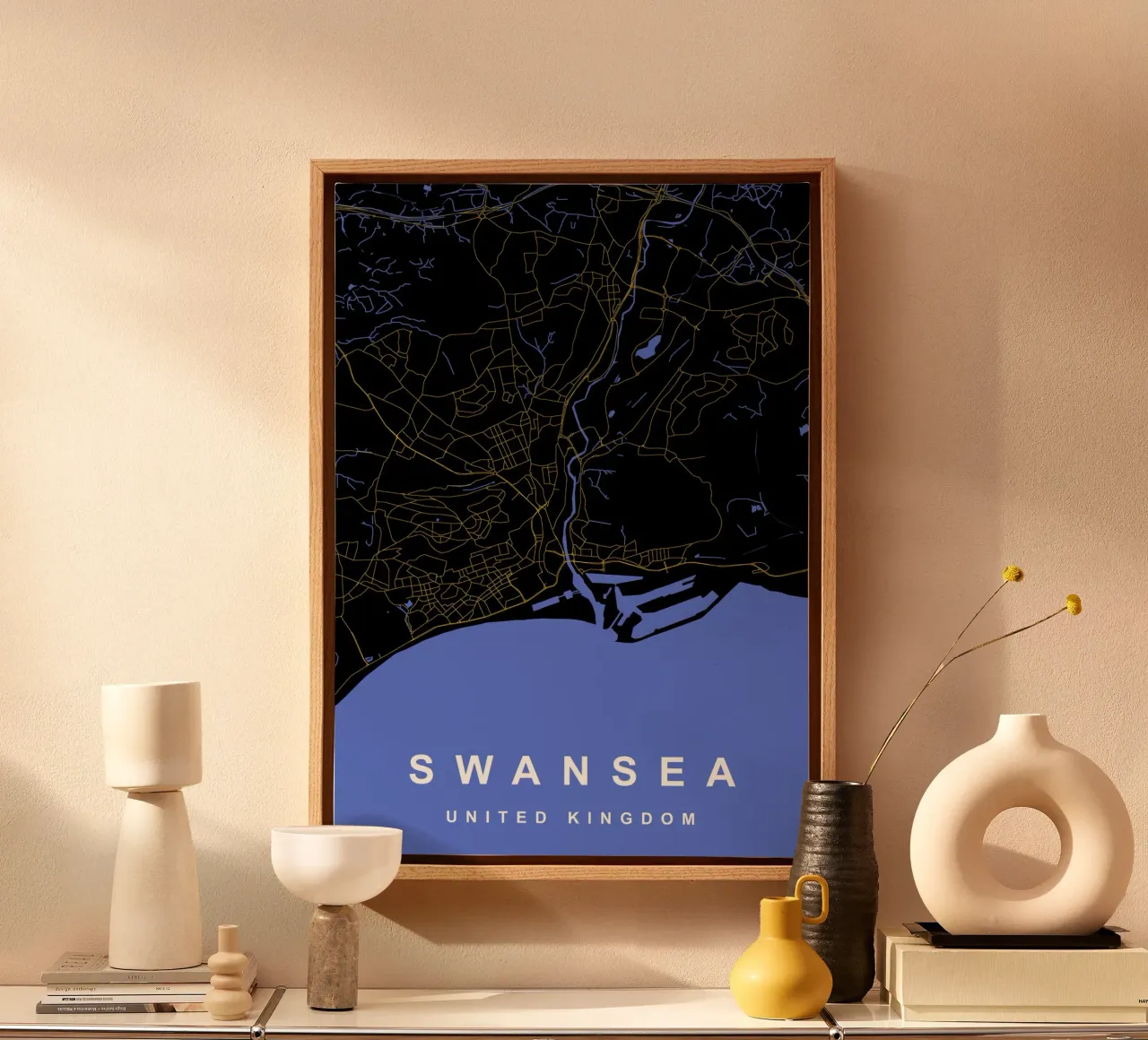 Mappa della città di Swansea Regno Unito nero e oro tela con Cornice a cassetta da Cartographers Library