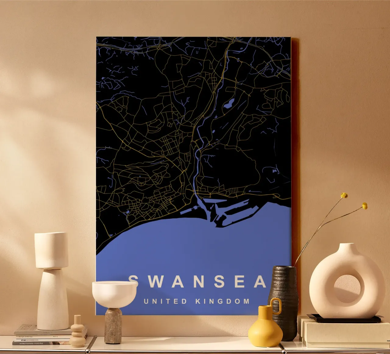 Mappa della città di Swansea Regno Unito nero e oro tela con Cornice a cassetta da Cartographers Library