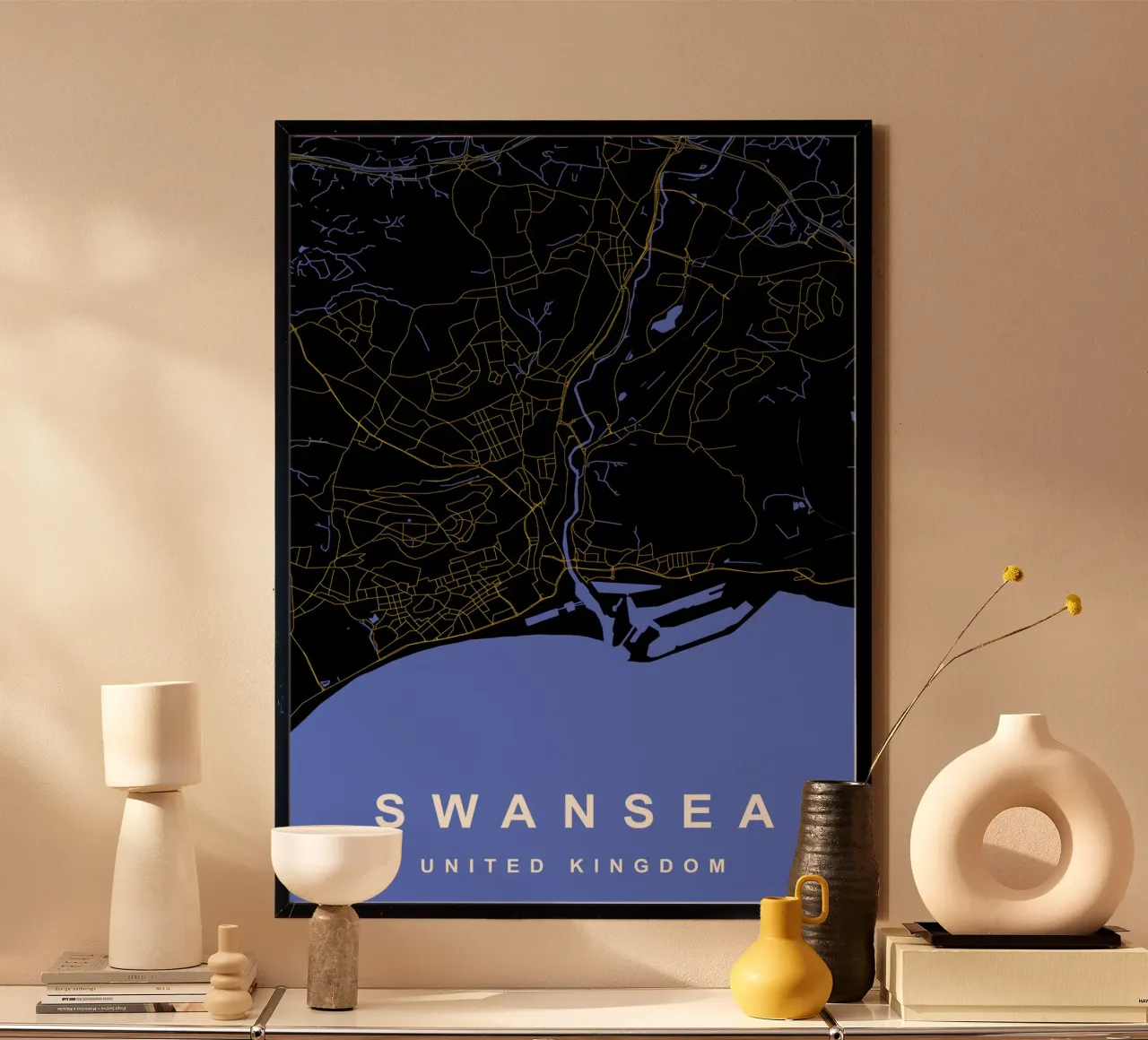Mappa della città di Swansea Regno Unito nero e oro poster da Cartographers Library