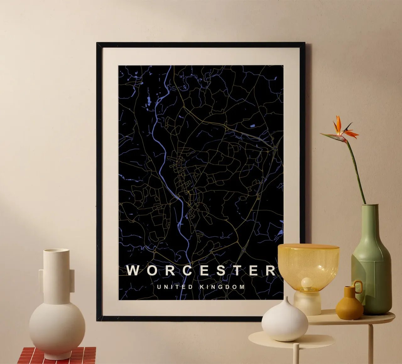 Mappa della città di Worcester Regno Unito nero e oro carta hahnemühle da Cartographers Library