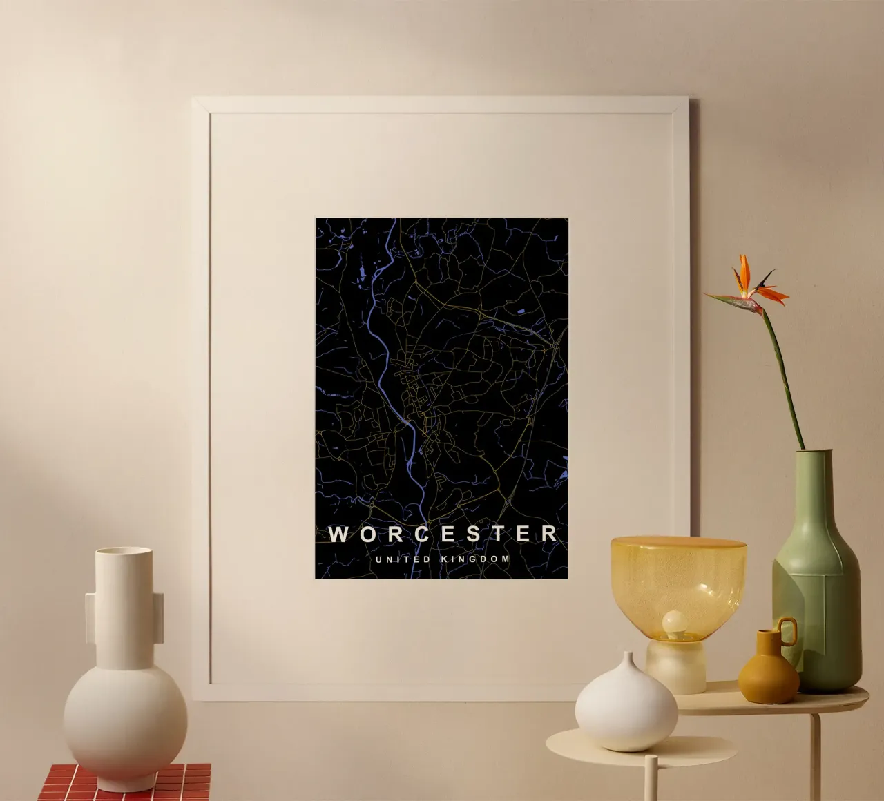 Mappa della città di Worcester Regno Unito nero e oro carta hahnemühle da Cartographers Library