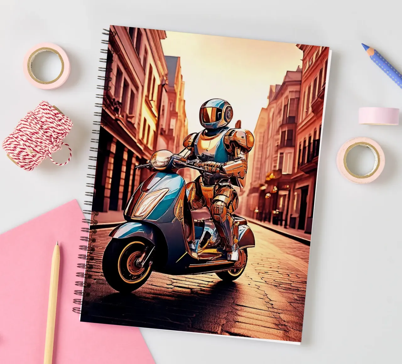 Robot en Scooter. Rouge. spiral notebook by Thierry vobmann photography