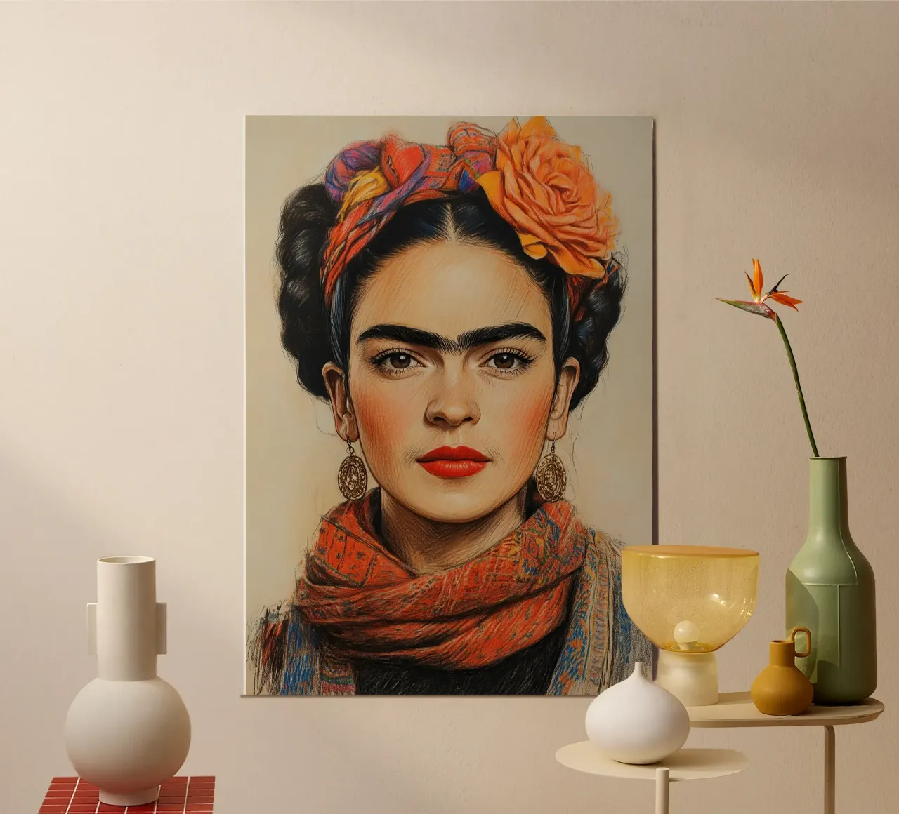 Frida Kahlo "L'abbraccio della Terra poster con telaio in plastica da Fantasias Florales