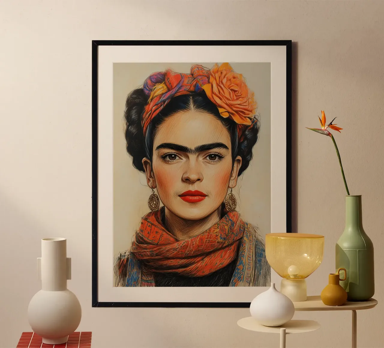 Frida Kahlo "L'abbraccio della Terra poster con telaio in plastica da Fantasias Florales