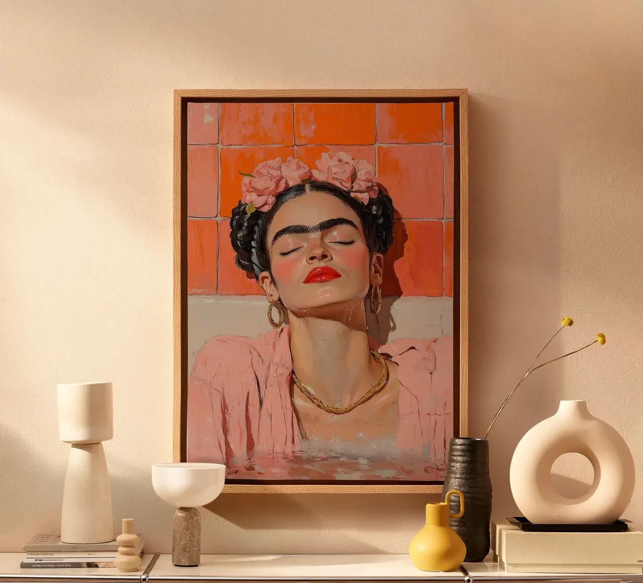 Frida Kahlo - L'abbraccio del fuoco tela con Cornice a cassetta da Fantasias Florales