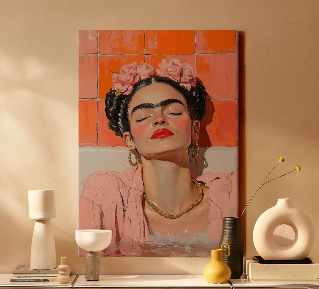 Frida Kahlo - L'abbraccio del fuoco tela con Cornice a cassetta da Fantasias Florales