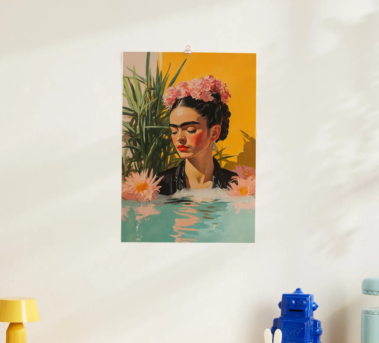 Frida Kahlo - Die Tiefe der Sehnsucht Poster mit Kunststoffrahmen von Fantasias Florales