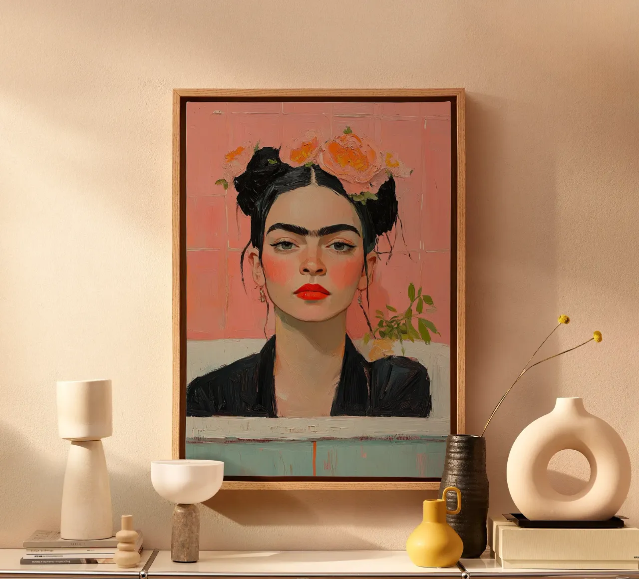 Frida Kahlo - The Echo of Dreams canvas with Floater frame by Fantasias Florales
