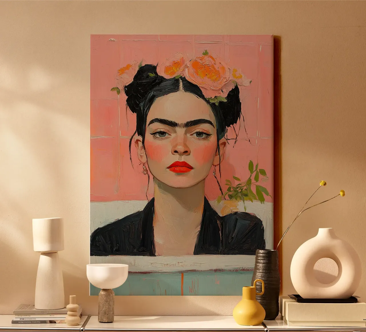 Frida Kahlo - The Echo of Dreams canvas with Floater frame by Fantasias Florales