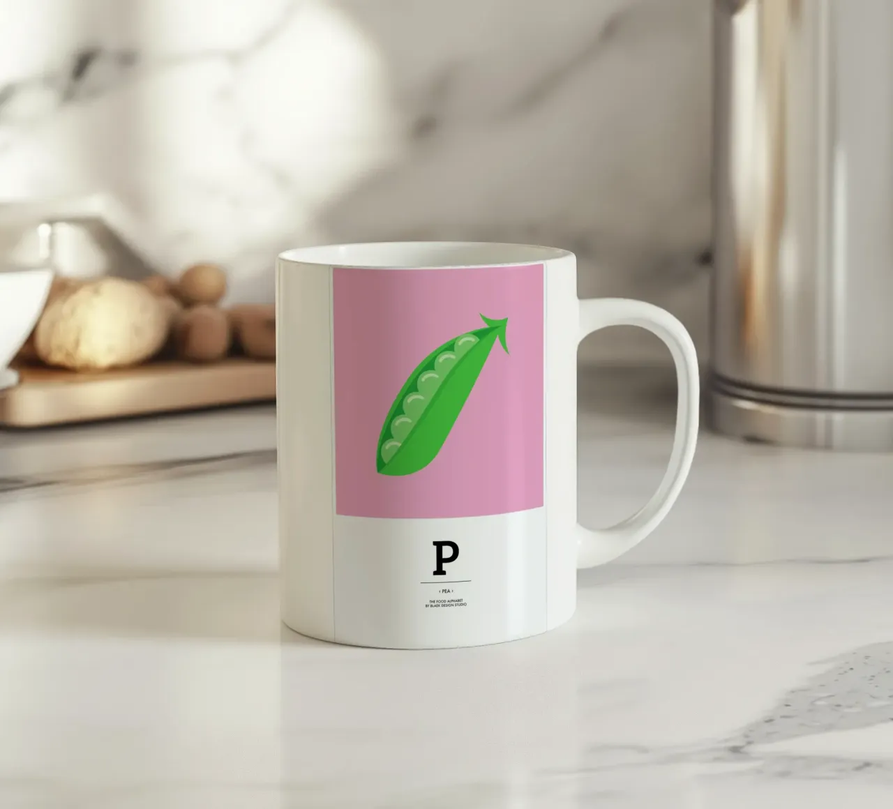 „The Food Alphabet“ - P like Pea tazza in ceramica da BLAEK Design Studio