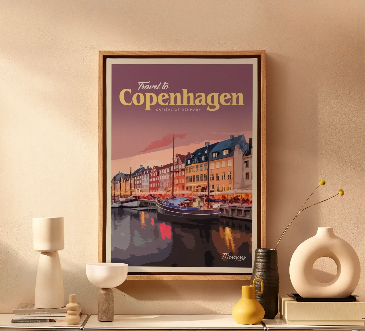 Travel to Copenhagen canvas with Floater frame by Mercury Club