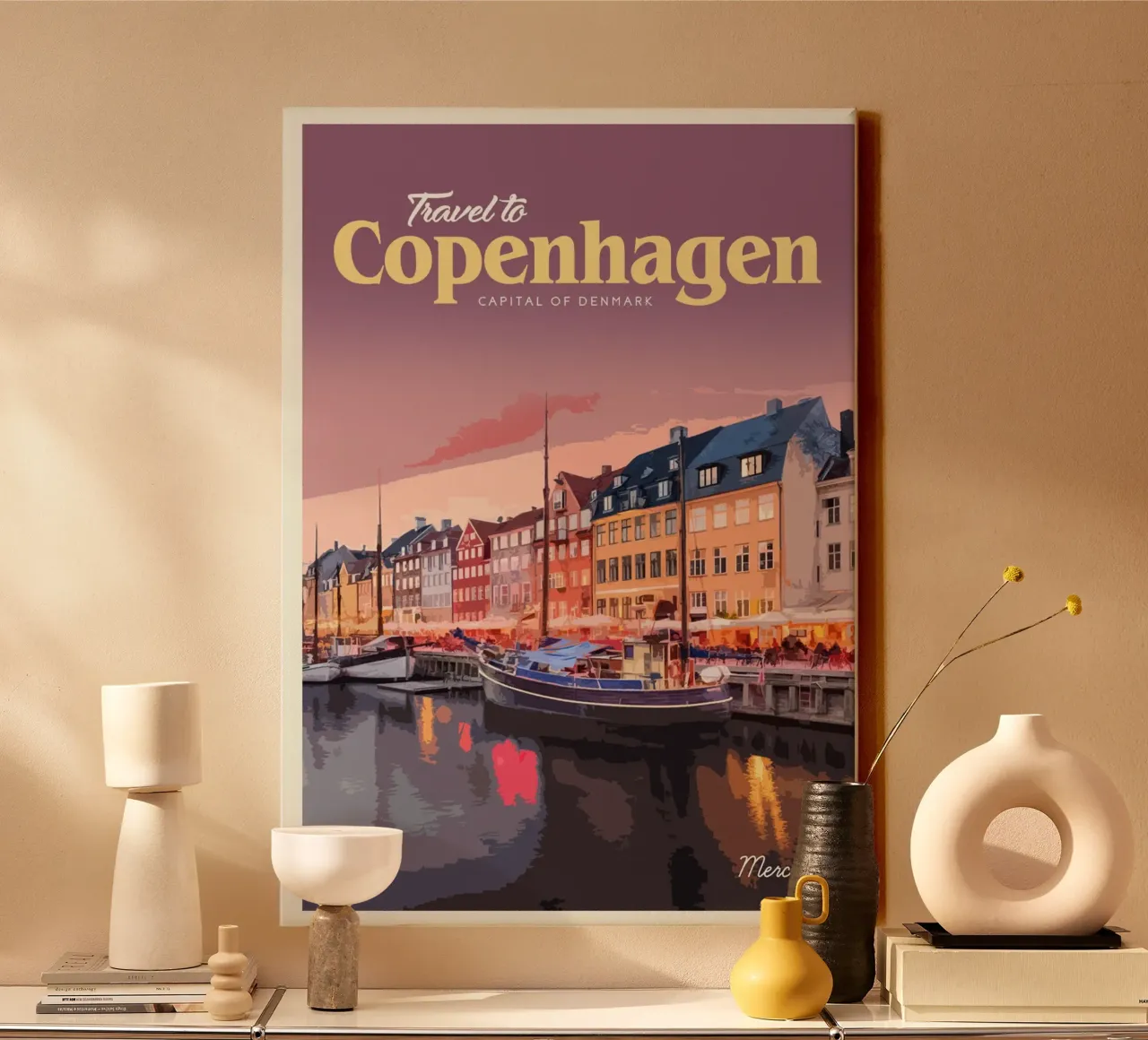 Travel to Copenhagen canvas with Floater frame by Mercury Club