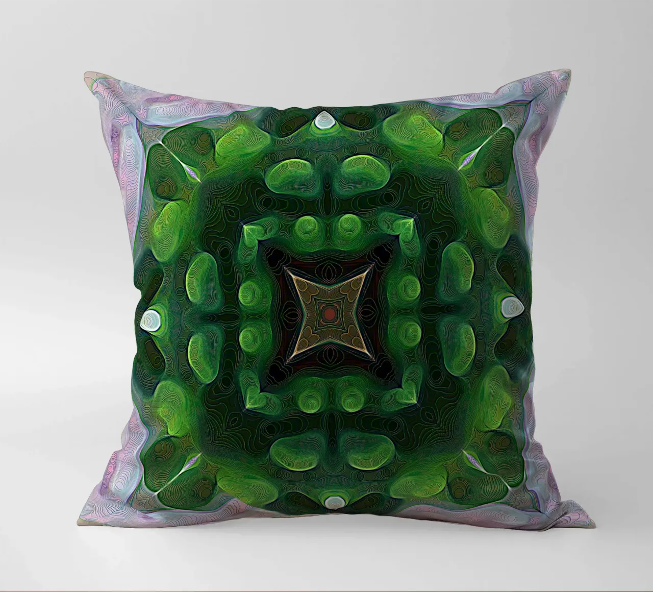 Caleidoscopio effetto 3D con linee scintillanti, verde e rosa cuscino da Gürsel Yesil Digital Art