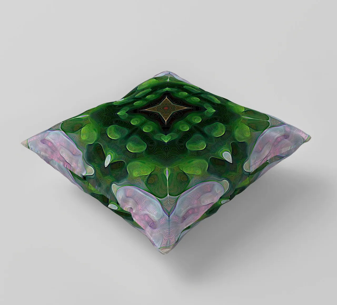 Caleidoscopio effetto 3D con linee scintillanti, verde e rosa cuscino da Gürsel Yesil Digital Art