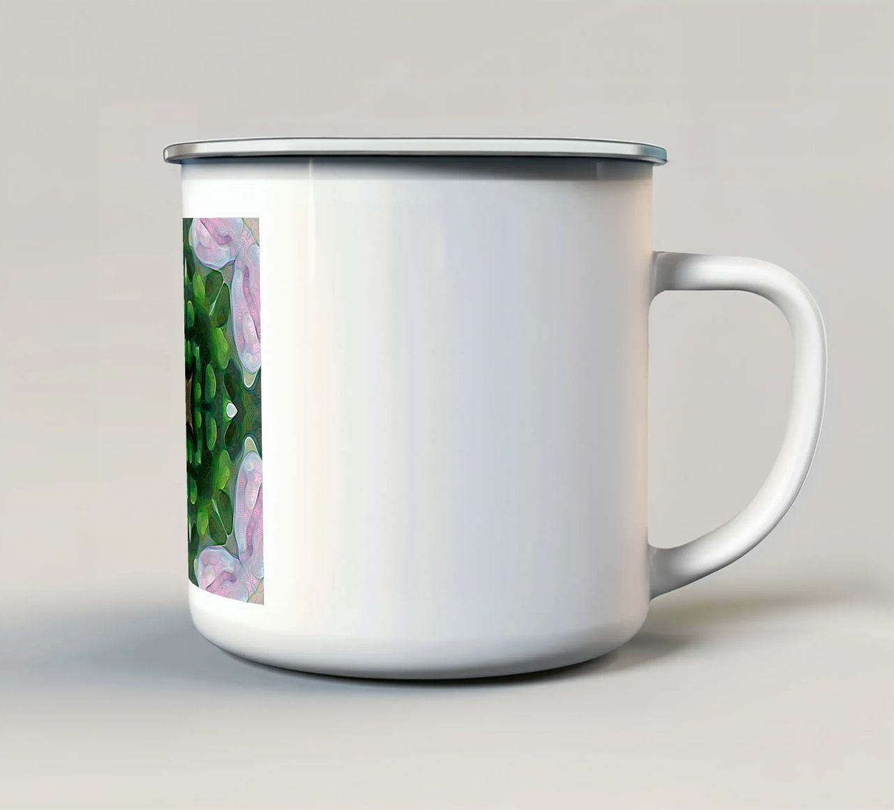 Caleidoscopio effetto 3D con linee scintillanti, verde e rosa tazza in smalto da Gürsel Yesil Digital Art