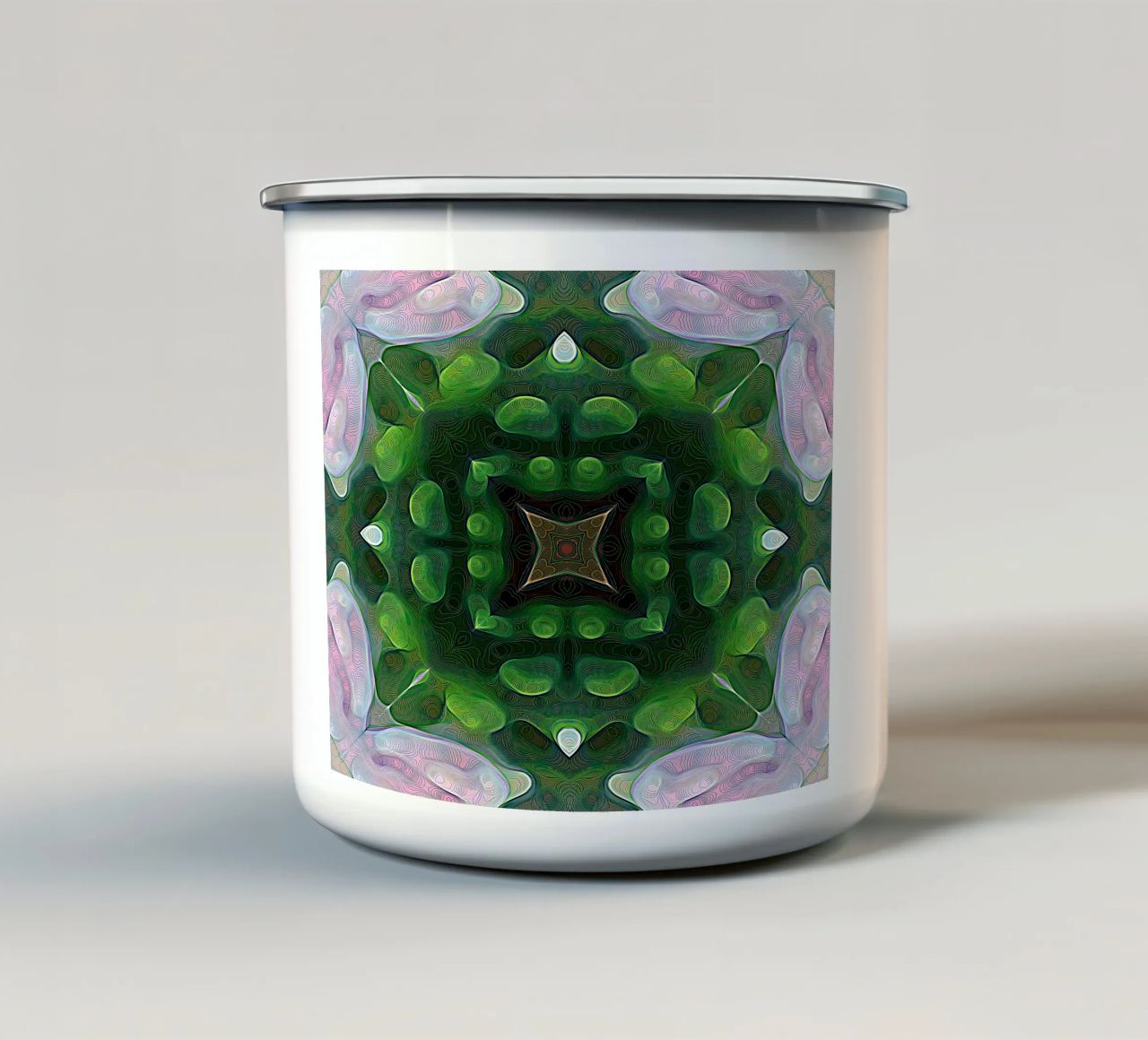 Caleidoscopio effetto 3D con linee scintillanti, verde e rosa tazza in smalto da Gürsel Yesil Digital Art