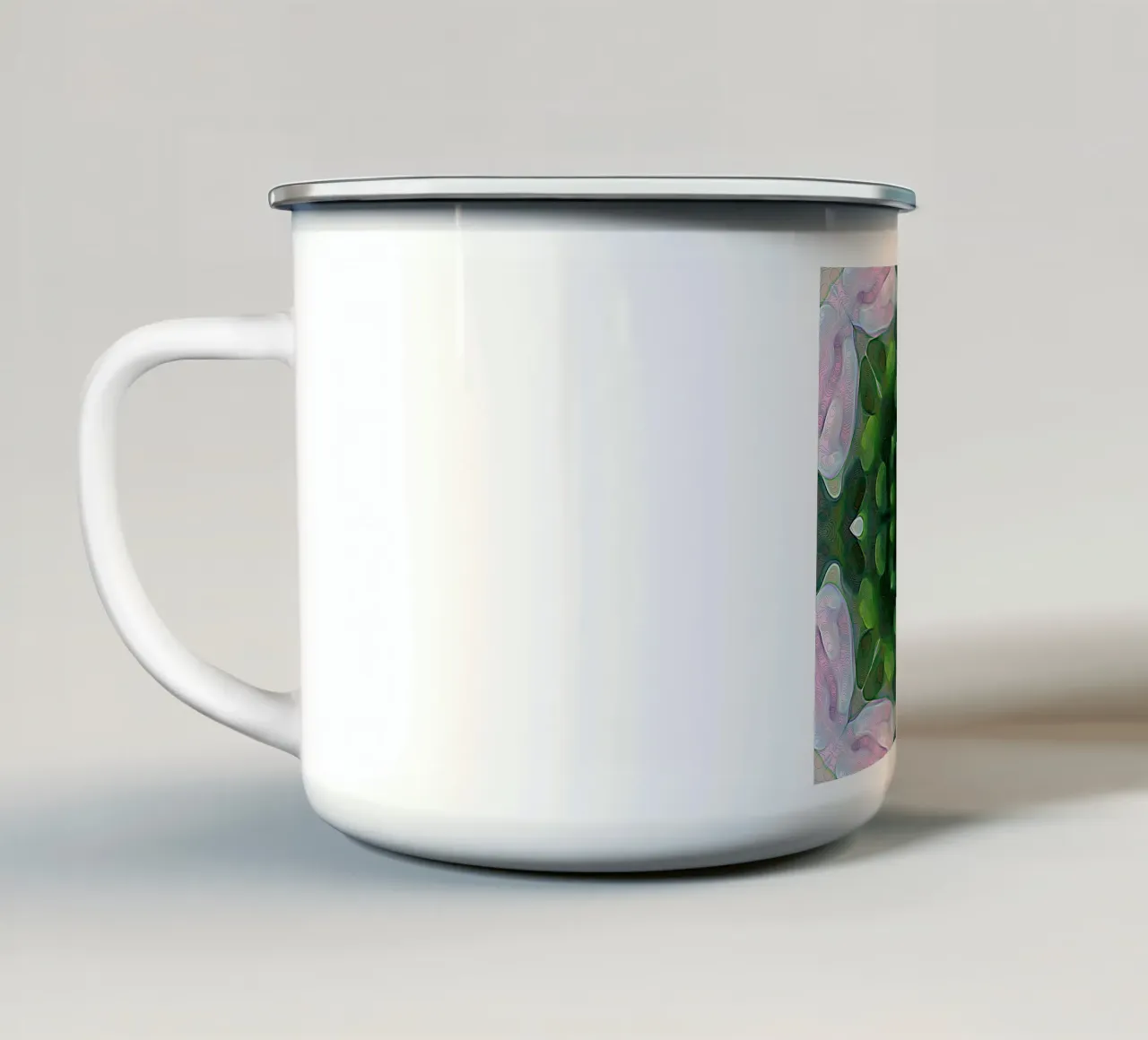 Caleidoscopio effetto 3D con linee scintillanti, verde e rosa tazza in smalto da Gürsel Yesil Digital Art