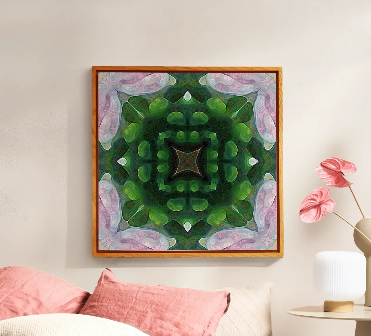 Caleidoscopio effetto 3D con linee scintillanti, verde e rosa plexiglass da Gürsel Yesil Digital Art