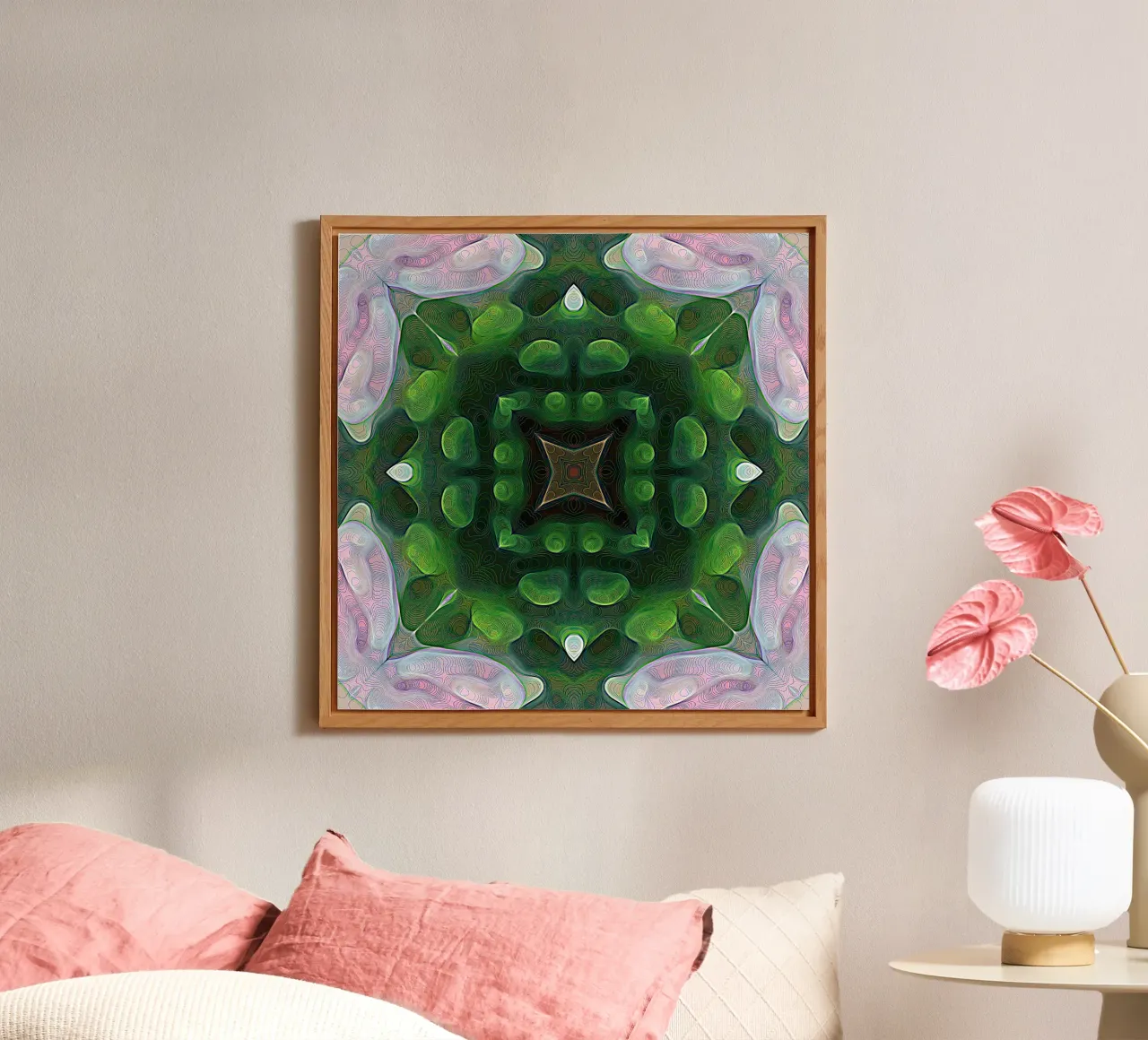Caleidoscopio effetto 3D con linee scintillanti, verde e rosa alluminio dibond da Gürsel Yesil Digital Art