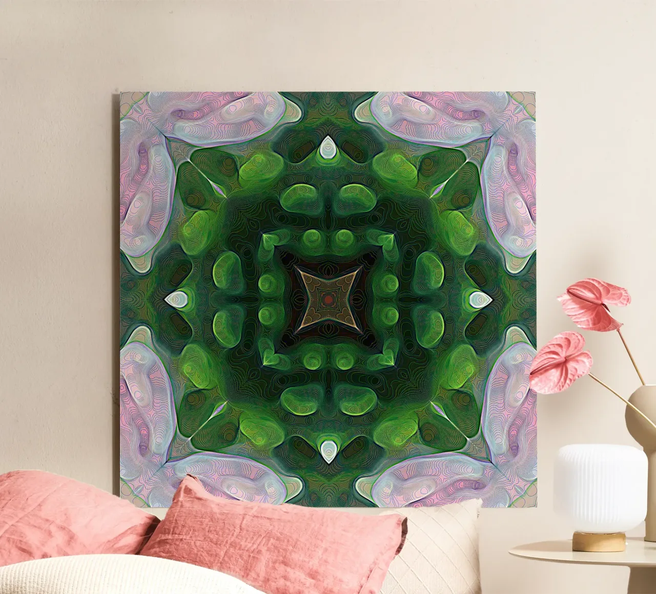 Caleidoscopio effetto 3D con linee scintillanti, verde e rosa alluminio dibond da Gürsel Yesil Digital Art