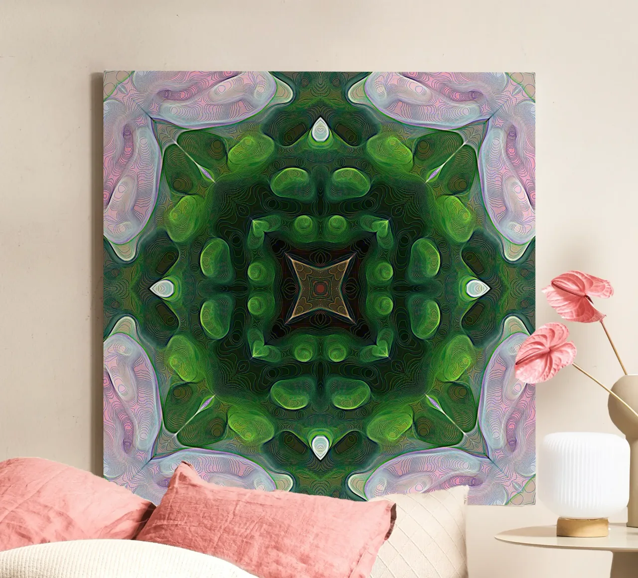 Caleidoscopio effetto 3D con linee scintillanti, verde e rosa tela da Gürsel Yesil Digital Art