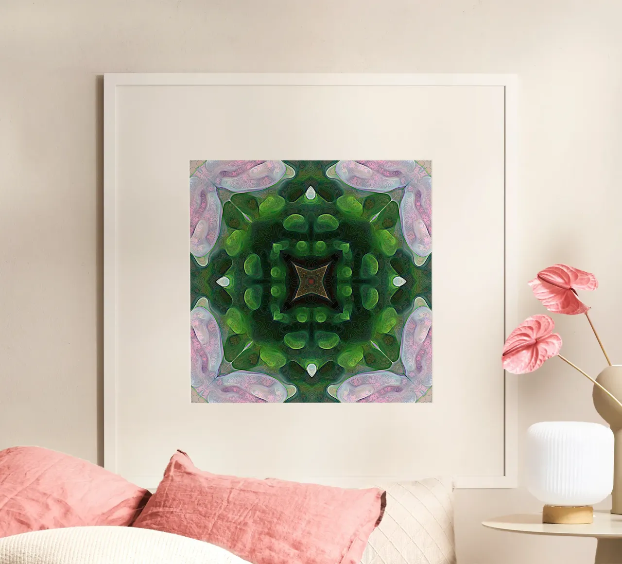 Kaleidoskop 3D-Effekt mit Schummerungslinien, grün und rosa Hahnemühle von Gürsel Yesil Digital Art