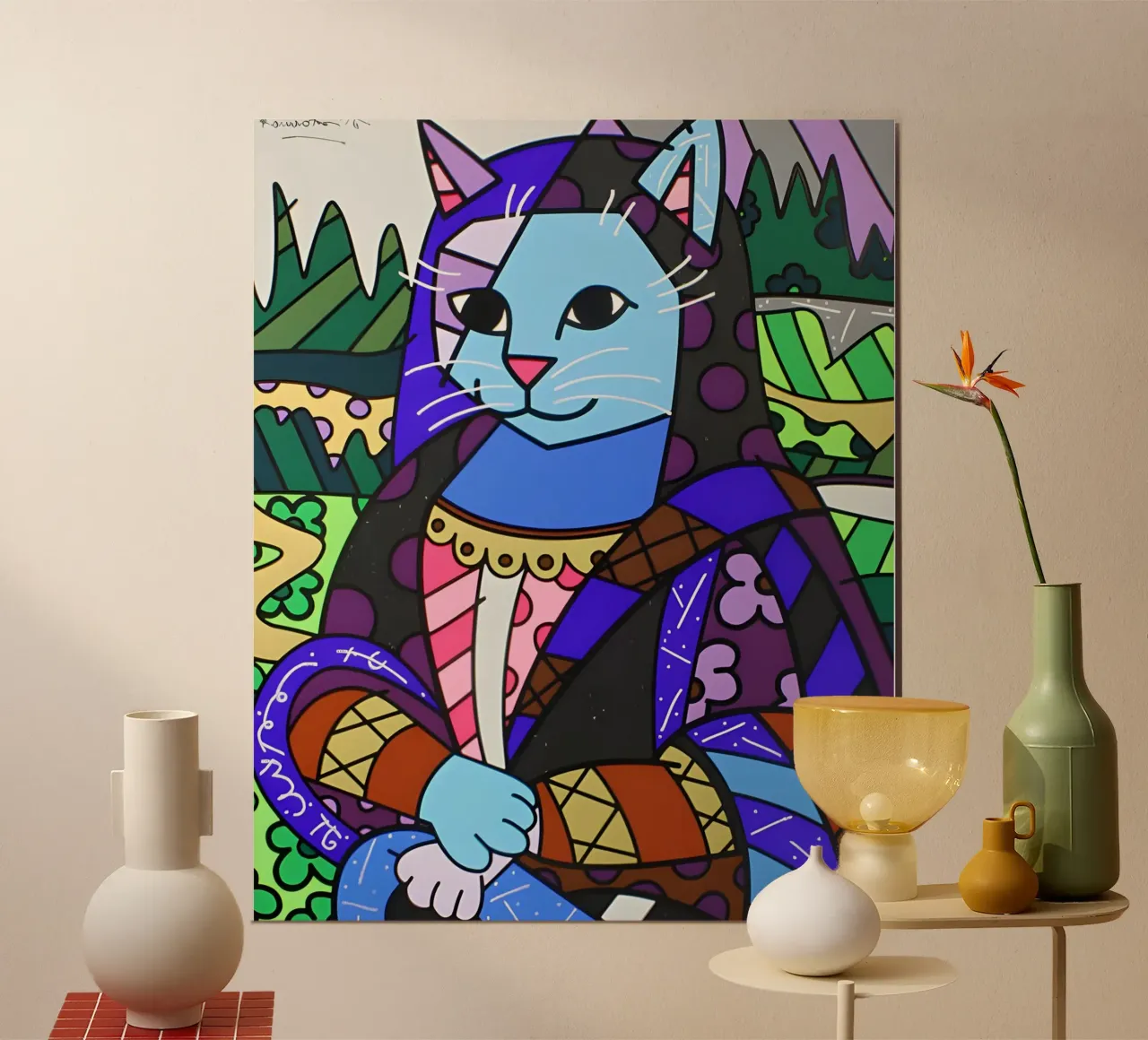 Catmona ROmero Britto poster con telaio in alluminio da Perdana shop