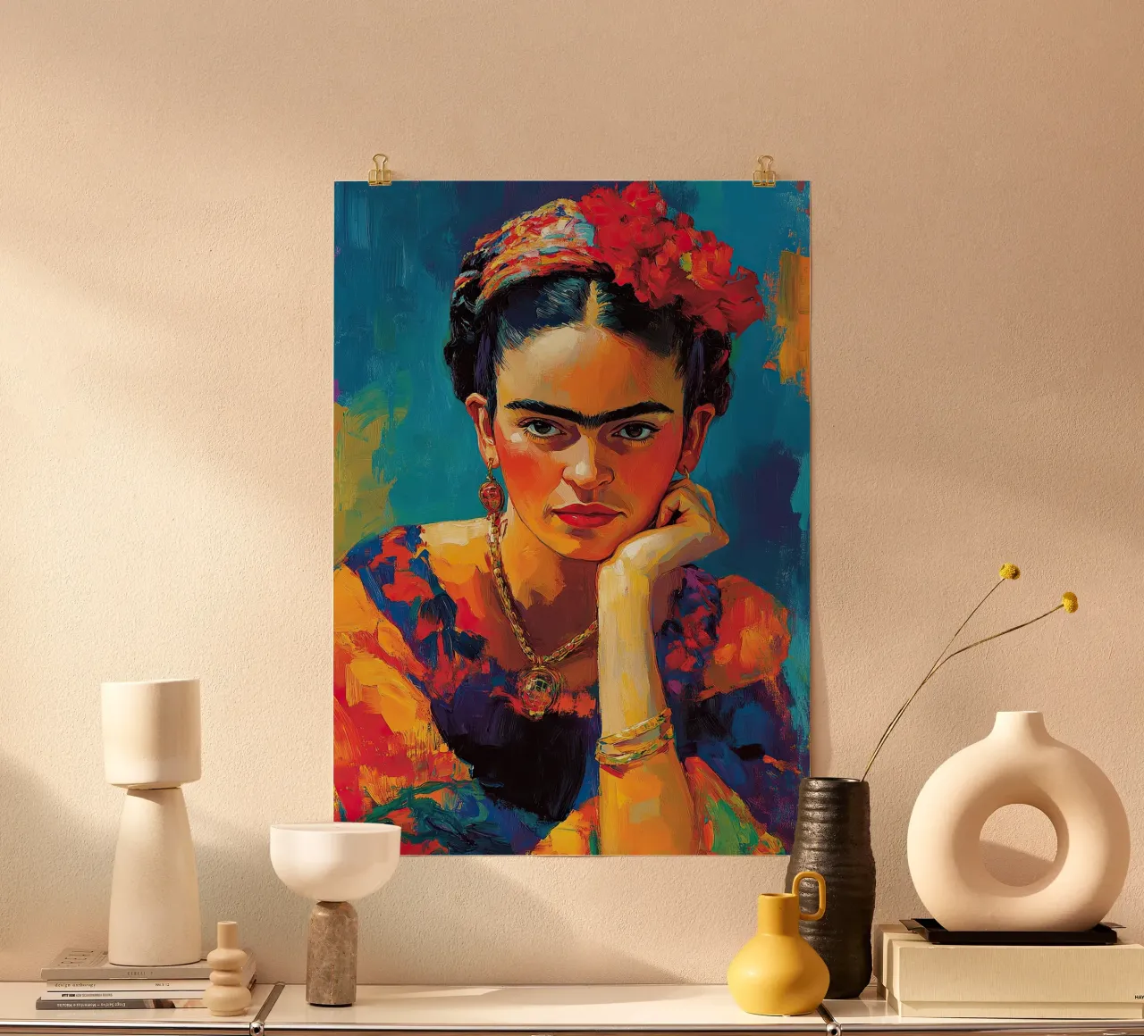 Frida Kahlo - Il calore dell'amore poster con telaio in alluminio da Fantasias Florales