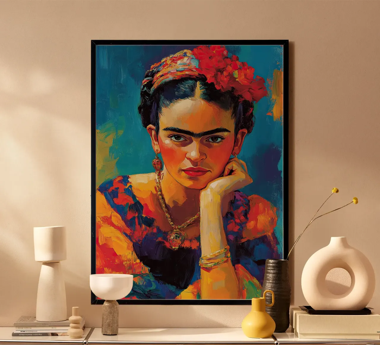 Frida Kahlo - Il calore dell'amore poster con telaio in alluminio da Fantasias Florales