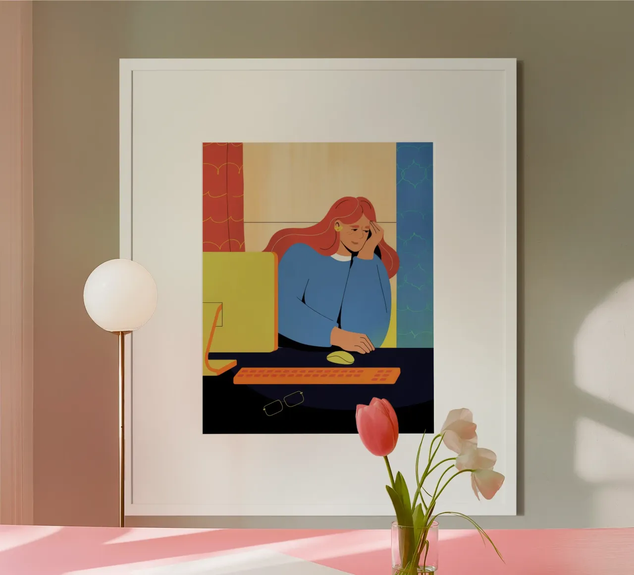 Solitudine contemplativa in ufficio poster con telaio in legno da Prism Palette