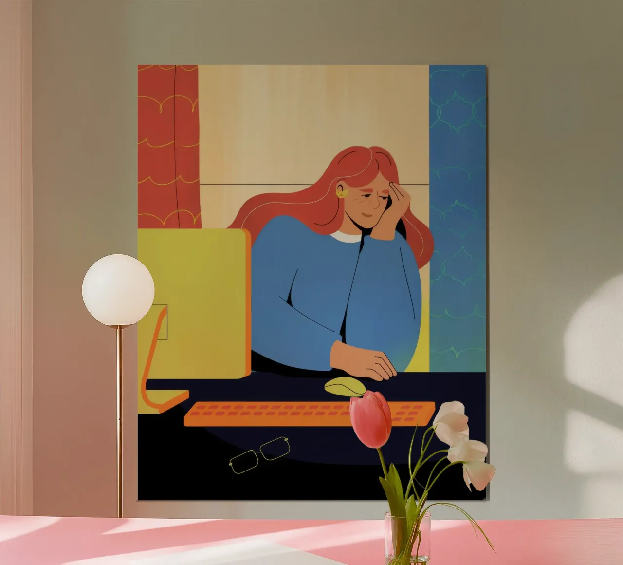 Solitudine contemplativa in ufficio poster con telaio in legno da Prism Palette