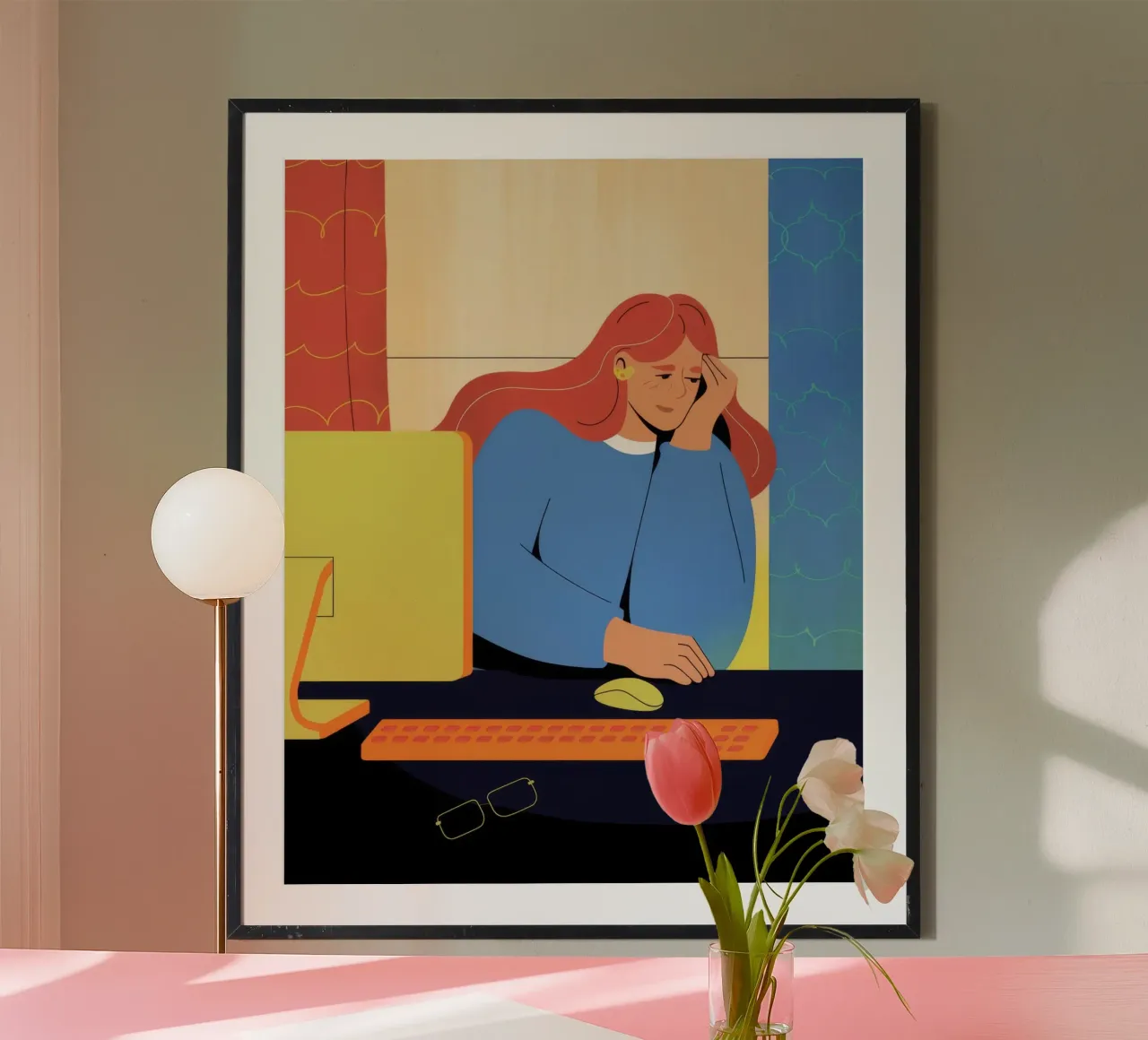 Solitudine contemplativa in ufficio poster con telaio in legno da Prism Palette