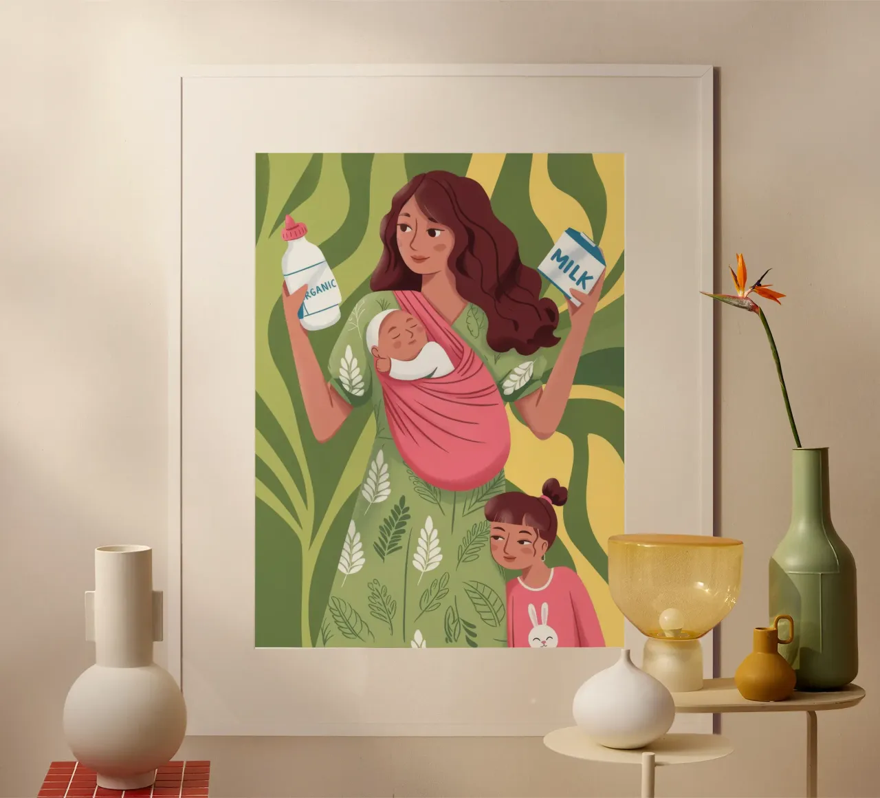 Beatitudine materna nella giungla poster con telaio in legno da Prism Palette